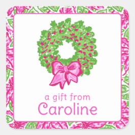 Schattigee Preppy Kerst Roze & Groene Krans Vierkante Sticker
