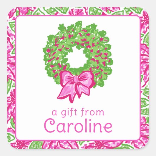 Schattigee Preppy Kerst Roze & Groene Krans Vierkante Sticker (Voorkant)