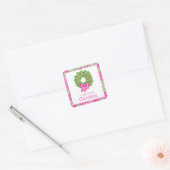 Schattigee Preppy Kerst Roze & Groene Krans Vierkante Sticker (Envelop)