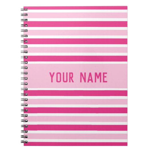 Schattigee Preppy Roze en Witte Strepen Naam Notitieboek (Voorkant)
