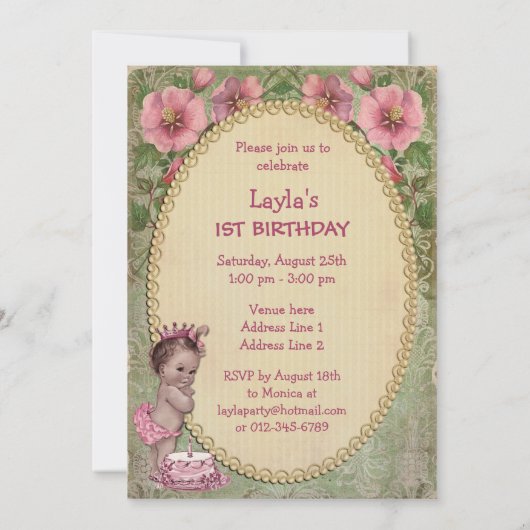 Schattigee prinses 1e verjaardagsfeestje kaart (Achterkant)