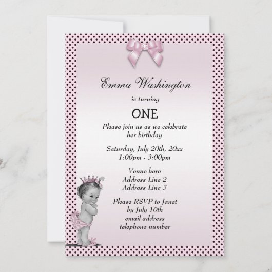 Schattigee prinses 1e verjaardagsfeestje kaart (Achterkant)