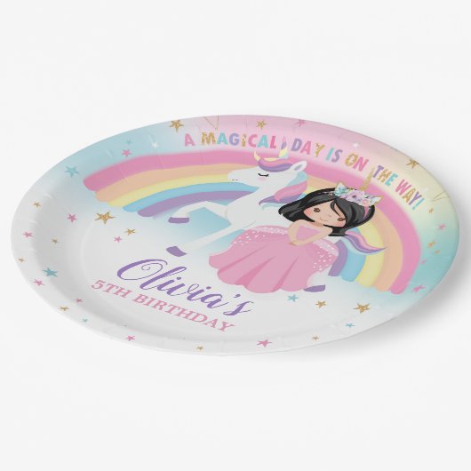 Schattigee Prinses & Eenhoorn Verjaardagsfeest Rai Papieren Bordje (Gekanteld)