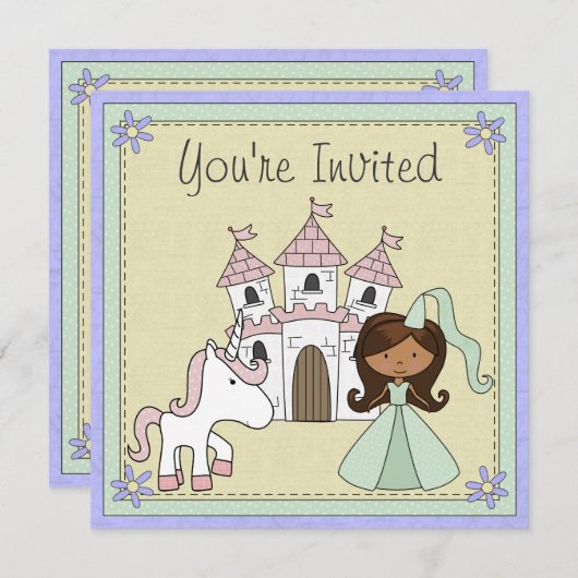 Schattigee Prinses en Eenhoorn Verjaardagsuitnodig Kaart (Voorkant / Achterkant)