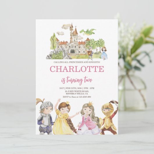 Schattigee prinses en ridders Verjaardag Kaart (Staand voorkant)
