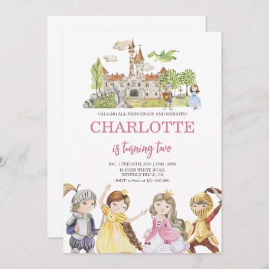 Schattigee prinses en ridders Verjaardag Kaart (Voorkant / Achterkant)