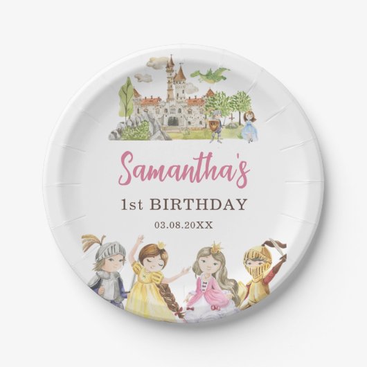 Schattigee prinses en ridders Verjaardag Papieren Bordje (Voorkant)
