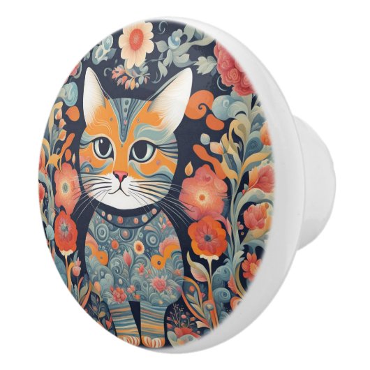 Schattigee psychedelische kat, bloemen, wandtapijt keramische knop (Rechts)