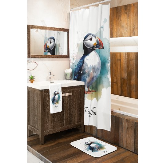 Schattigee puffin in blauwe waterverf aanpasbaar bad handdoek