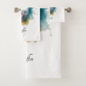 Schattigee puffin in blauwe waterverf aanpasbaar bad handdoek (Insitu)