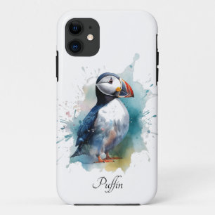Schattigee puffin in blauwe waterverf, aanpasbaar Case-Mate iPhone case