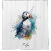 Schattigee puffin in blauwe waterverf aanpasbaar douchegordijn (Voorkant)
