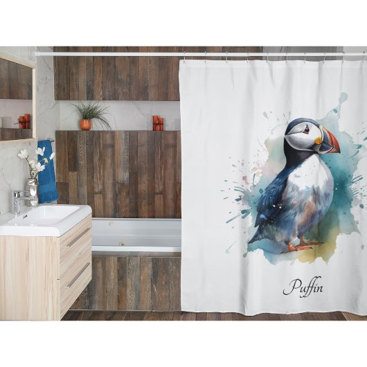Schattigee puffin in blauwe waterverf aanpasbaar douchegordijn