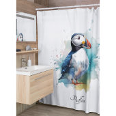 Schattigee puffin in blauwe waterverf aanpasbaar douchegordijn