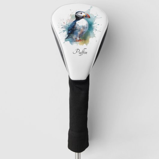 Schattigee puffin in blauwe waterverf aanpasbaar golfheadcover (Voorkant)