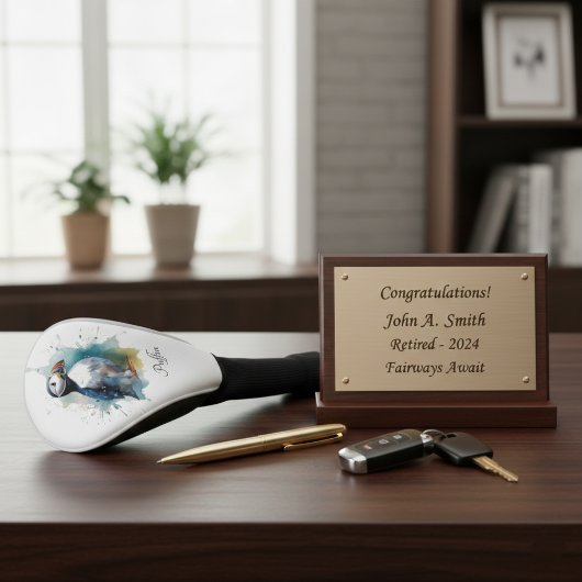 Schattigee puffin in blauwe waterverf aanpasbaar golfheadcover