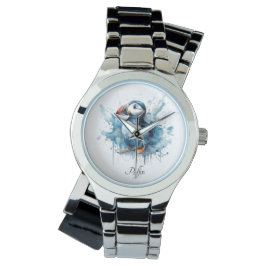 Schattigee puffin in blauwe waterverf, aanpasbaar horloge