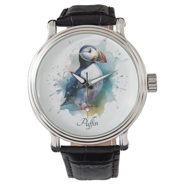 Schattigee puffin in blauwe waterverf, aanpasbaar horloge (Voorkant)