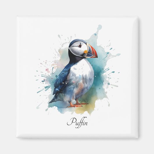 Schattigee puffin in blauwe waterverf, aanpasbaar magneet (Voorkant)