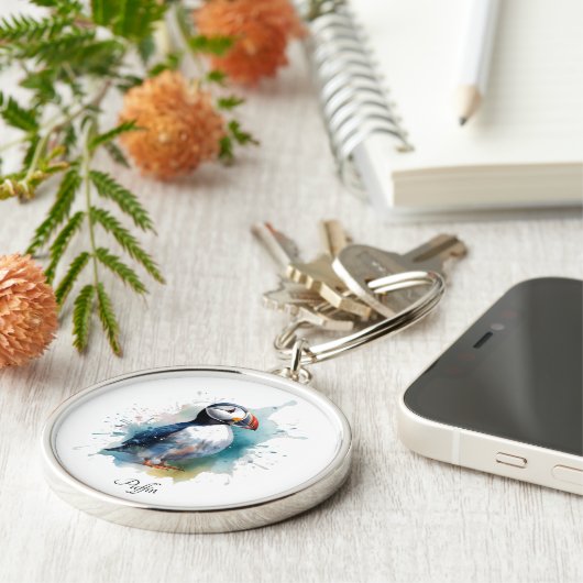 Schattigee puffin in blauwe waterverf, aanpasbaar sleutelhanger (Zijkant)