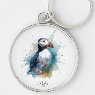 Schattigee puffin in blauwe waterverf, aanpasbaar sleutelhanger