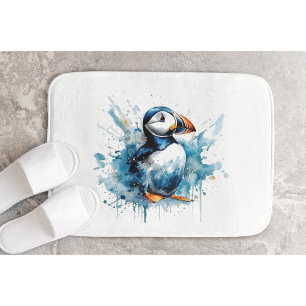 Schattigee puffin in blauwe waterverf badmat
