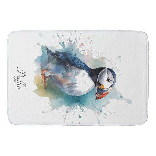 Schattigee puffin in blauwe waterverf badmat (Voorkant)