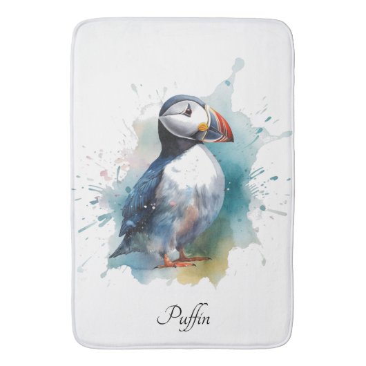 Schattigee puffin in blauwe waterverf badmat (Voorkant Verticaal)