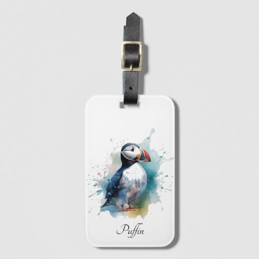 Schattigee puffin in blauwe waterverf bagagelabel (Voorkant (verticaal))