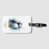 Schattigee puffin in blauwe waterverf bagagelabel (Voorkant (horizontaal))