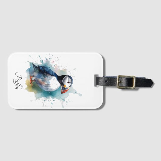 Schattigee puffin in blauwe waterverf bagagelabel (Voorkant (horizontaal))
