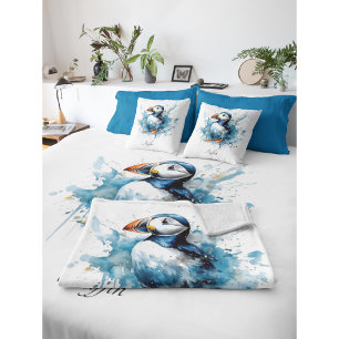 Schattigee puffin in blauwe waterverf fleece deken