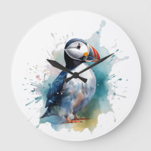 Schattigee puffin in blauwe waterverf grote klok