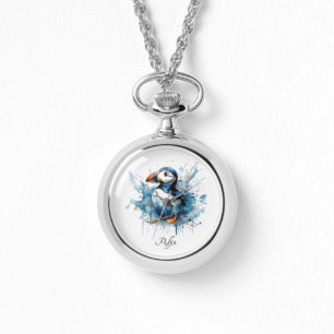 Schattigee puffin in blauwe waterverf horloge