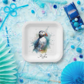 Schattigee puffin in blauwe waterverf papieren bordje (Feest)