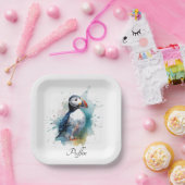 Schattigee puffin in blauwe waterverf papieren bordje (Feest)