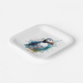 Schattigee puffin in blauwe waterverf papieren bordje (Gebogen)