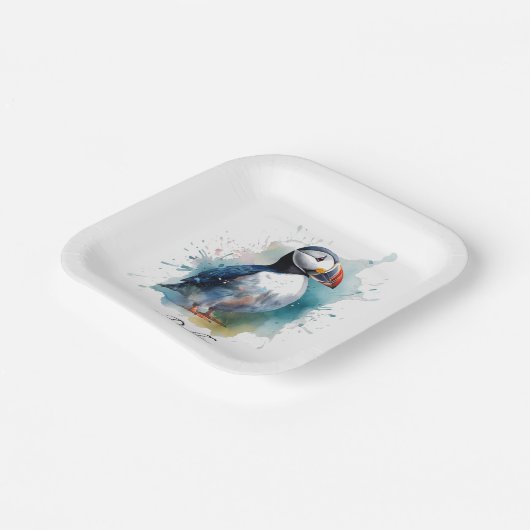 Schattigee puffin in blauwe waterverf papieren bordje (Gebogen)