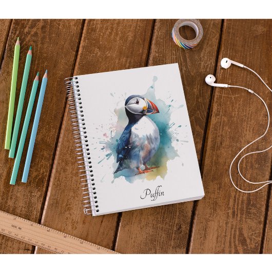 Schattigee puffin in blauwe waterverf planner