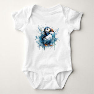 Schattigee puffin in blauwe waterverf romper