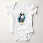 Schattigee puffin in blauwe waterverf romper (Voorkant)