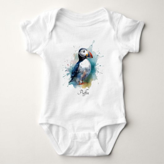 Schattigee puffin in blauwe waterverf romper (Voorkant)