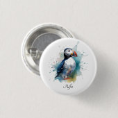 Schattigee puffin in blauwe waterverf ronde button 3,2 cm (Voorkant /achterkant)