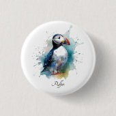 Schattigee puffin in blauwe waterverf ronde button 3,2 cm (Voorkant)