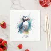 Schattigee puffin in blauwe waterverf servet (Insitu)