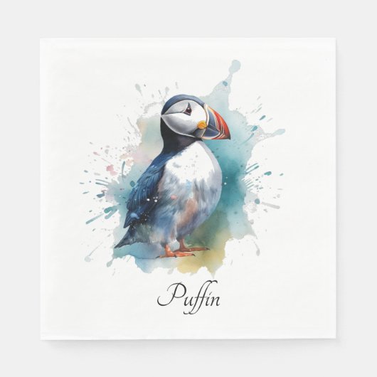 Schattigee puffin in blauwe waterverf servet (Voorkant)