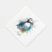 Schattigee puffin in blauwe waterverf servet (Hoek)