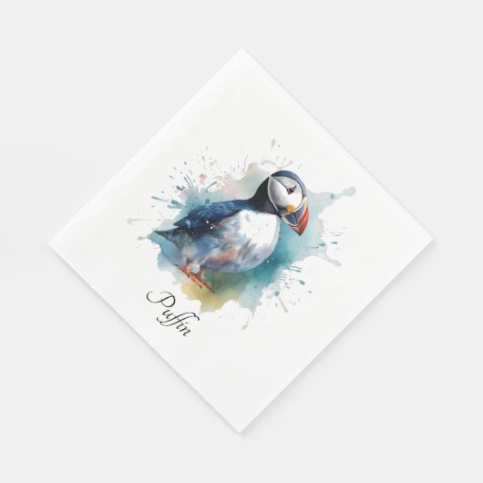 Schattigee puffin in blauwe waterverf servet (Hoek)
