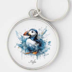Schattigee puffin in blauwe waterverf sleutelhanger