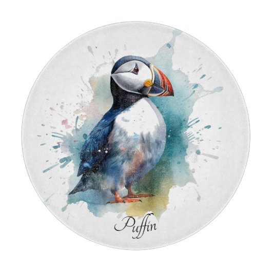 Schattigee puffin in blauwe waterverf snijplank (Voorkant)